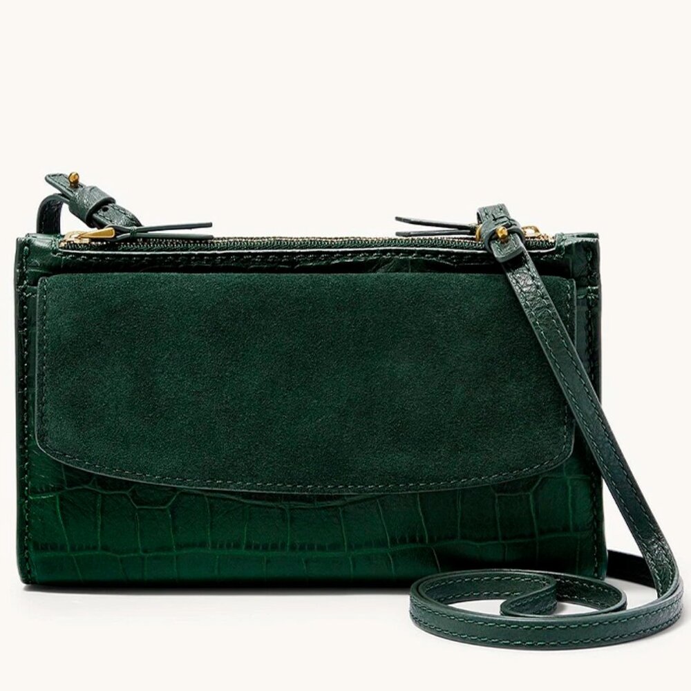 S Fossil Sage Green Leather Suede Crossbody Double-Zip SLG1322366 NWT Alligator - Picture 9 of 13